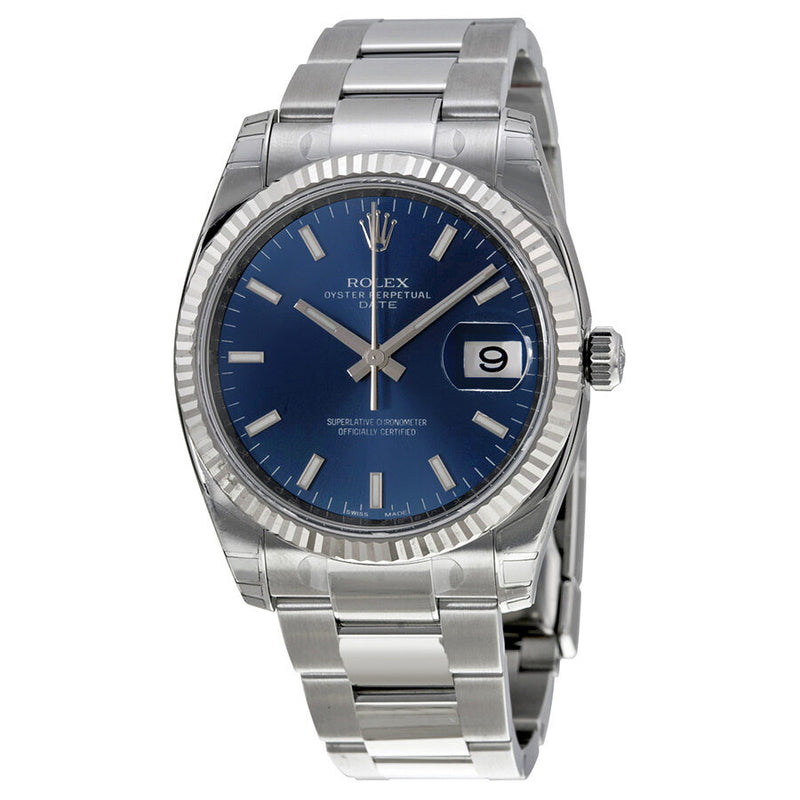 Rolex Oyster Perpetual Date 34 Blue Dial Stainless Steel Bracelet Automatic Men's Watch #115234BLSO - Watches of America