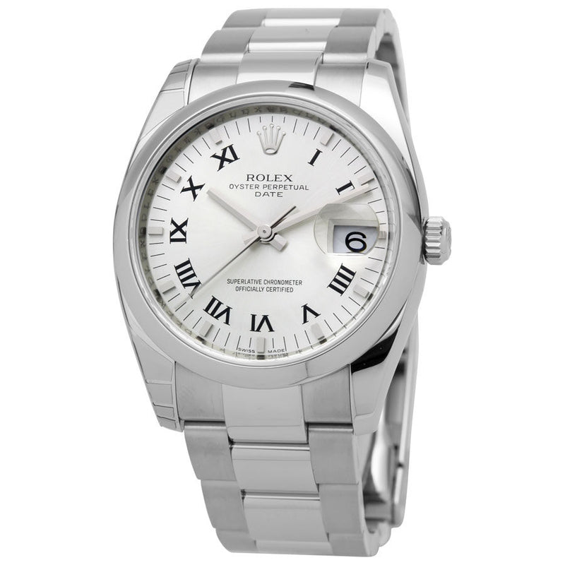 Rolex Oyster Perpetual Date 34 Silver Dial Stainless Steel Bracelet Automatic Men's Watch #115200SRO - Watches of America