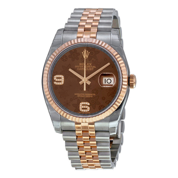 Rolex Oyster Perpetual Datejust 36 Brown Floral Dial Stainless Steel and 18K Everose Gold Jubilee Bracelet Automatic Men's Watch #116231BRFDAJ - Watches of America