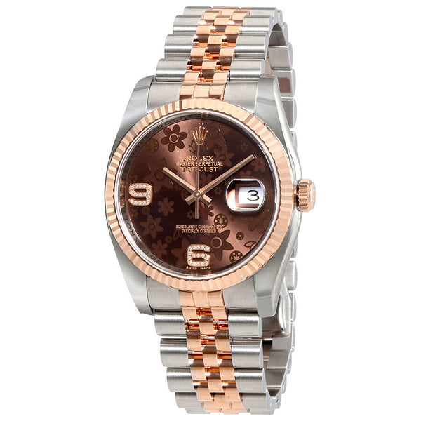 Rolex Oyster Perpetual Datejust Chocolate Floral Motif Dial Automatic Ladies Stainless Steel and 18kt Everose Gold Watch #116231CHFDAJ - Watches of America