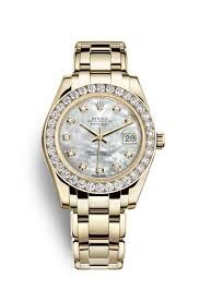 Rolex Pearlmaster 34 Automatic Mother of Pearl Diamond Ladies 18kt Yellow Gold Watch #81298MDPM - Watches of America