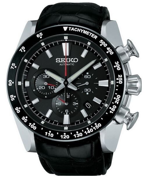 Seiko Automatic Chronograph Black Dial Black Leather Men's Watch #SRQ005 - Watches of America