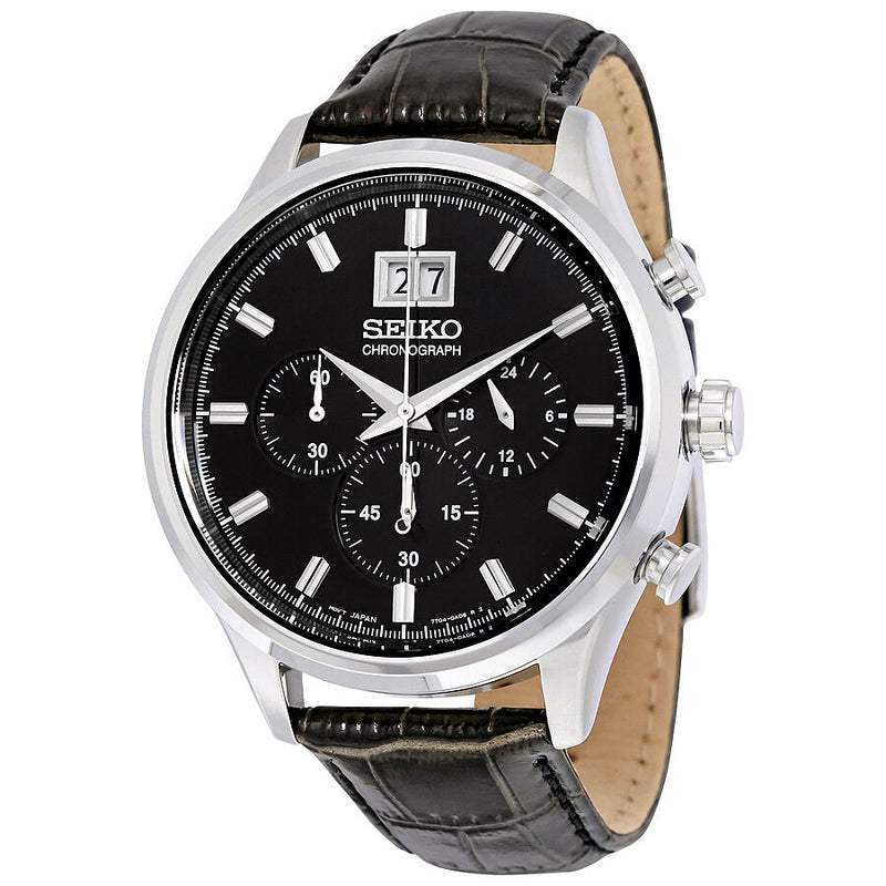 Seiko Chronograph Black Dial Black Leather Men's Watch #SPC083P2 - Watches of America