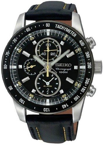 Seiko Black Dial Chronograph Stainless Steel Black Leather Men's Watch #SNAD93 - Watches of America