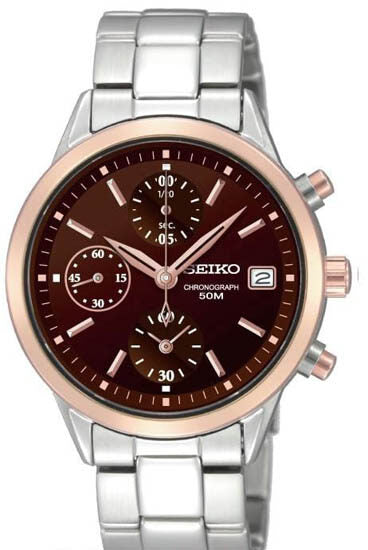 Seiko Chronograph Brown Dial Stainless Steel Ladies Watch #SNDY44 - Watches of America