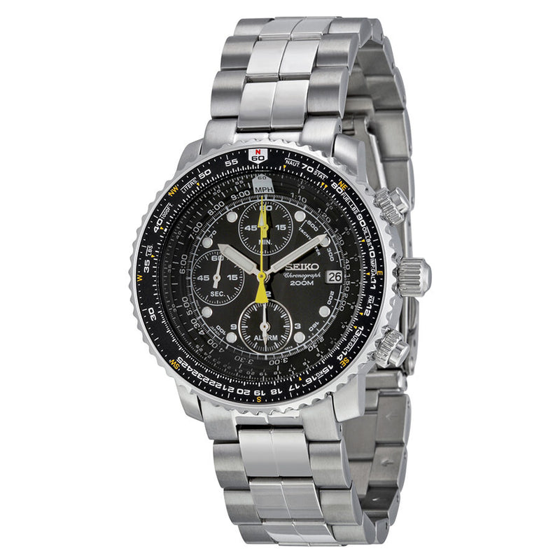 Seiko Flight Chronograph Steel Black Dial Men's Watch #SNA411 - Watches of America