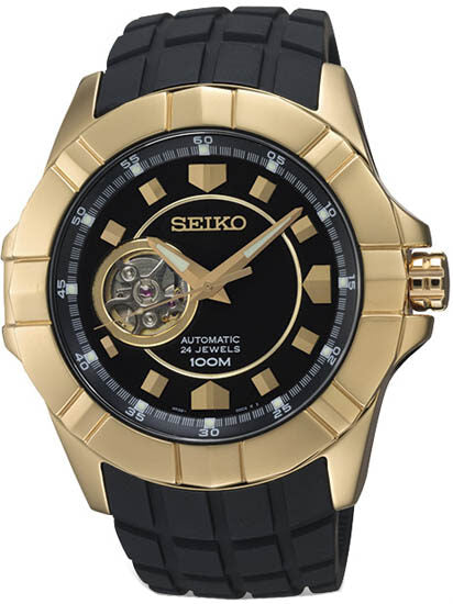 Seiko Premier Automatic Black Dial Gold-Tone Stainless Steel Men's Watch #SSA076 - Watches of America