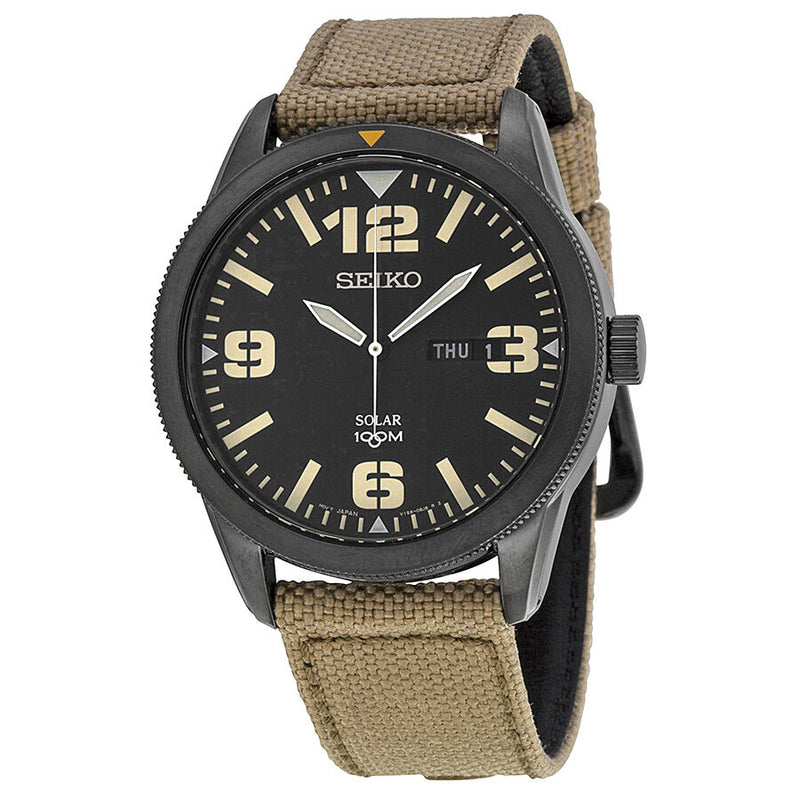 Seiko Solar Black Dial Beige Nylon Men's Watch #SNE331 - Watches of America
