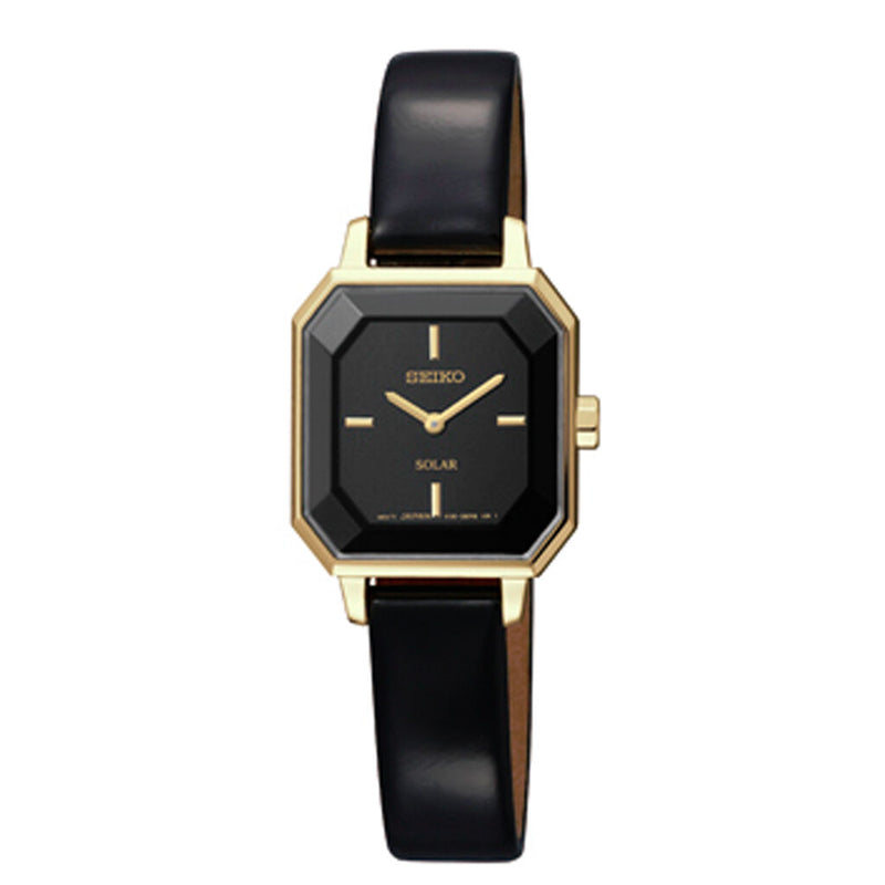 Seiko Solar Black Dial Black Leather Unisex Watch #SUP198 - Watches of America