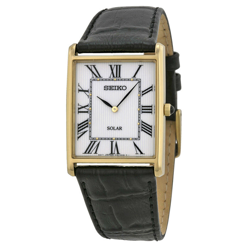 Seiko Solar White Dial Black Leather Men's Watch #SUP880 - Watches of America