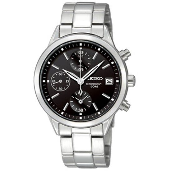 Seiko Stainless Steel Quartz Black Dial Chronograph Ladies Watch #SNDY39 - Watches of America