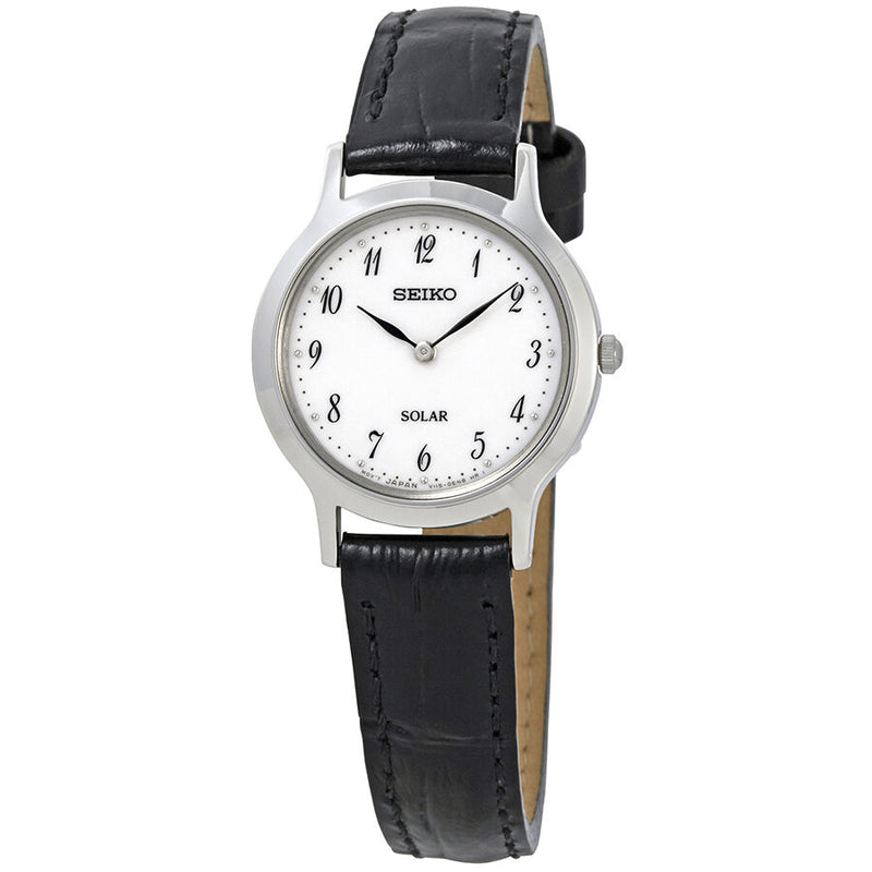 Seiko White Dial Black Leather Ladies Watch #SUP369P1 - Watches of America