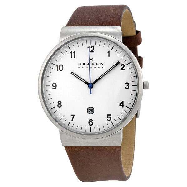 Skagen Ancher White Dial Brown Leather Men's Watch SKW6082 - Watches of America