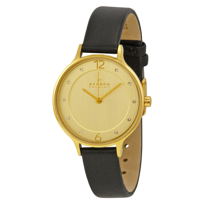 Skagen Anita Gold Dial Black Leather Ladies Watch SKW2266 - Watches of America