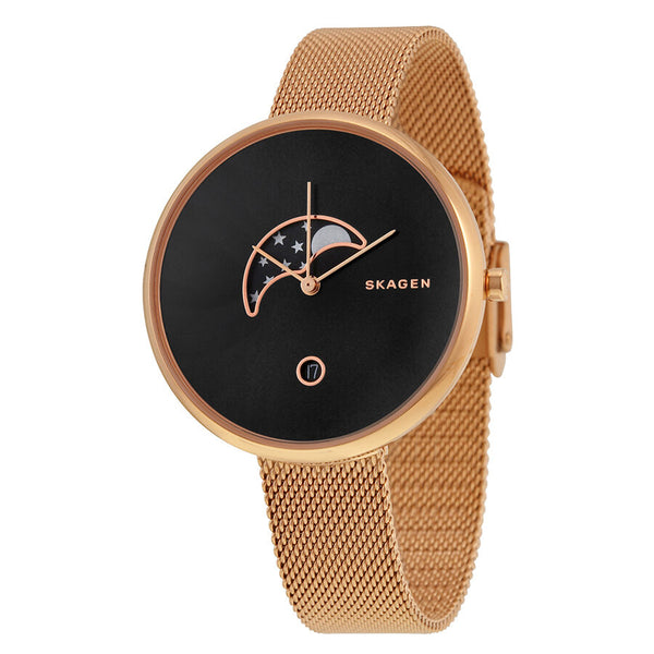 Skagen Gitte Moonphase Black Dial Rose Gold-tone Mesh Ladies Watch SKW2371 - Watches of America