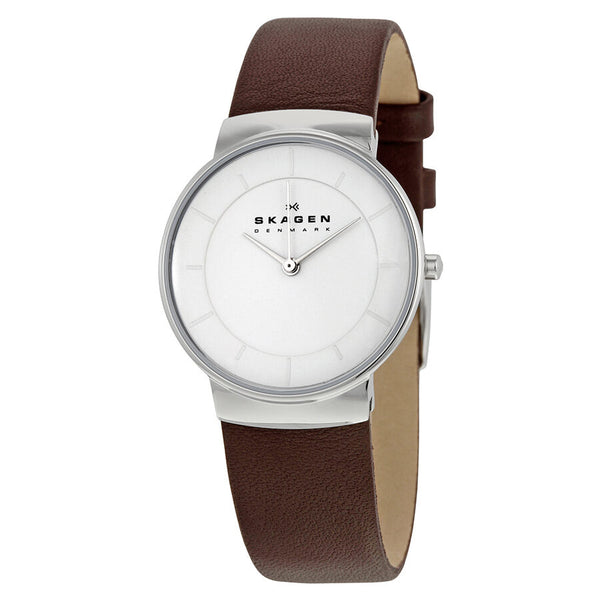 Skagen White Dial Brown Leather Ladies Watch SKW2058 - Watches of America