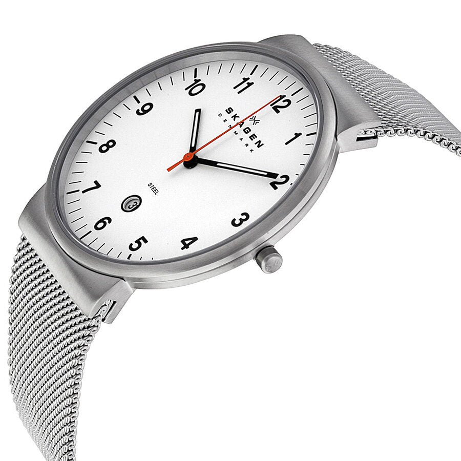 Skagen Mens Silver Mesh Watch Skagen White Dial Stainless Steel
