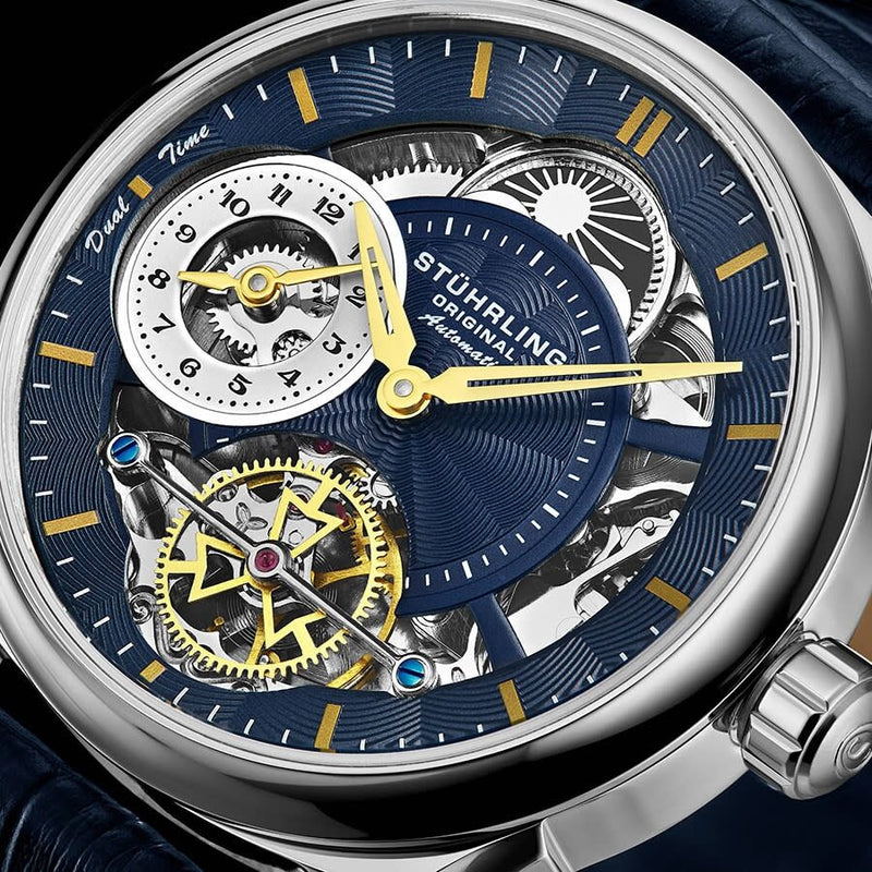 Stührling - Reloj automático original para hombre, esfera de reloj de  esqueleto, doble hora, AM/PM Sun Moon, correa de cuero, serie de relojes  para
