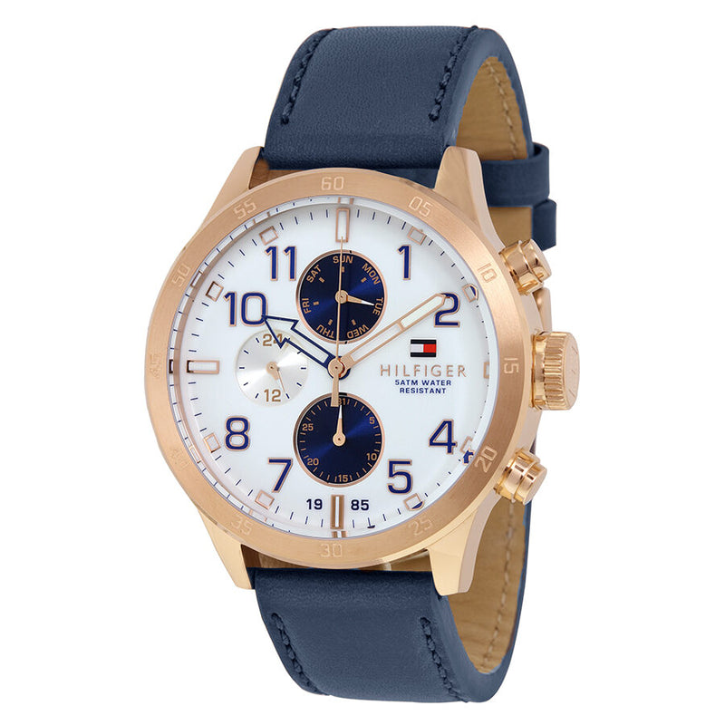 Tommy Hilfiger Multi-Function White Dial Blue Leather Strap Men's Watch 1791139 - Watches of America