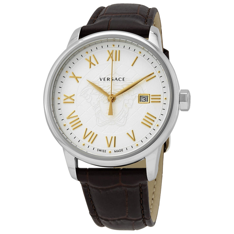 Versace Quartz White Dial Brown Leather Men's Watch #VQS070016 - Watches of America