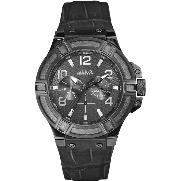 Guess Rigor Black Dial Leather Strap Men's Watch  W0040G1 - Watches of America