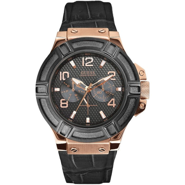 Guess Rigor Black Dial Leather Strap Men's Watch  W0040G5 - Watches of America