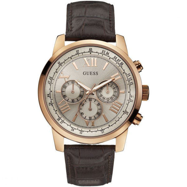 Guess Horizon Silver Dial Leather Strap Men's Watch  W0380G4 - Watches of America