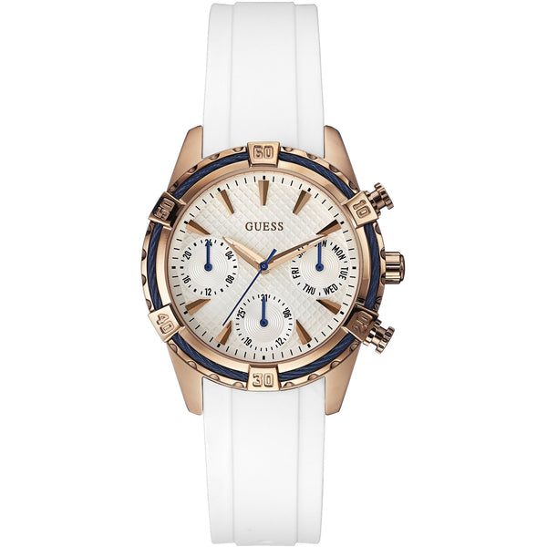 Guess White Dial Rubber Strap Ladies Watch #W0562L1 - Watches of America